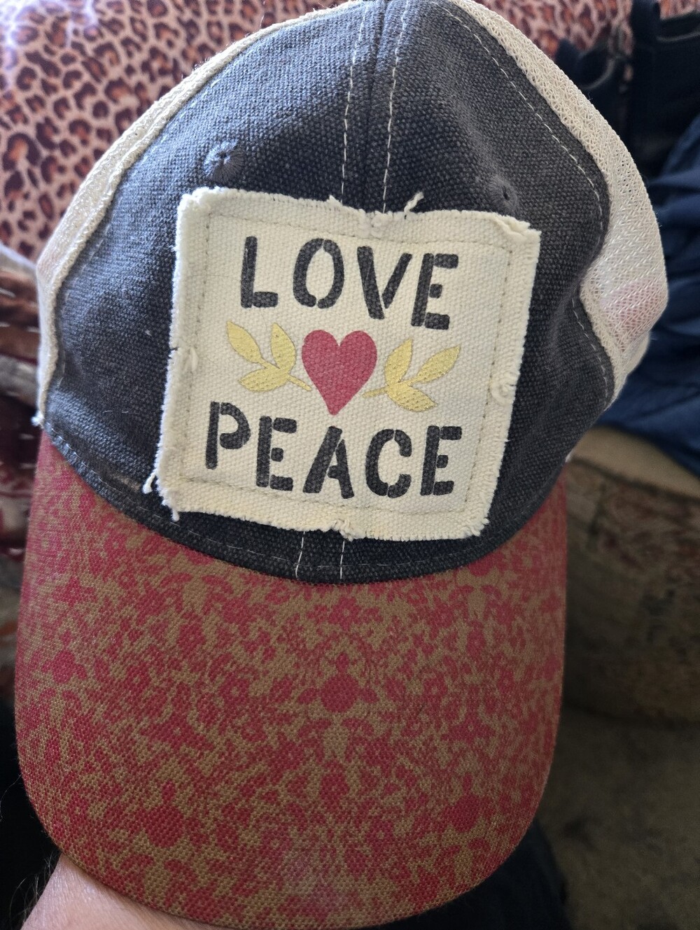 Natural Life Love Peace Trucker Hat - Gray and Red